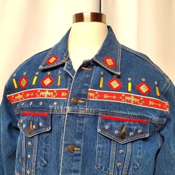 Vintage Gepetto 90s y2k Southwest Aztec Thunderbird Trucker Jean Jacket Lg - Picture 11 of 11